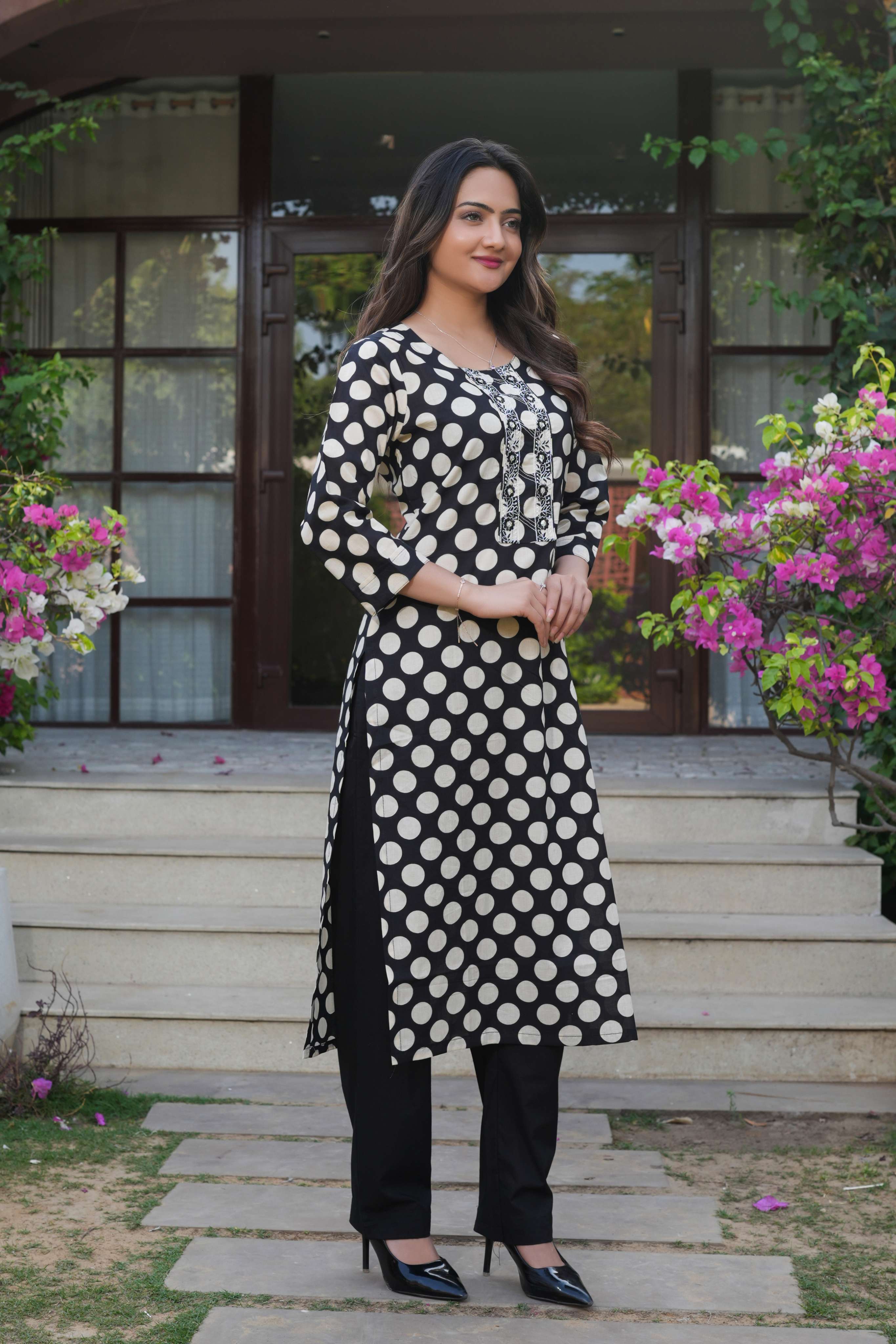2 PCS Black Polka Dot Printed Kurta Set
