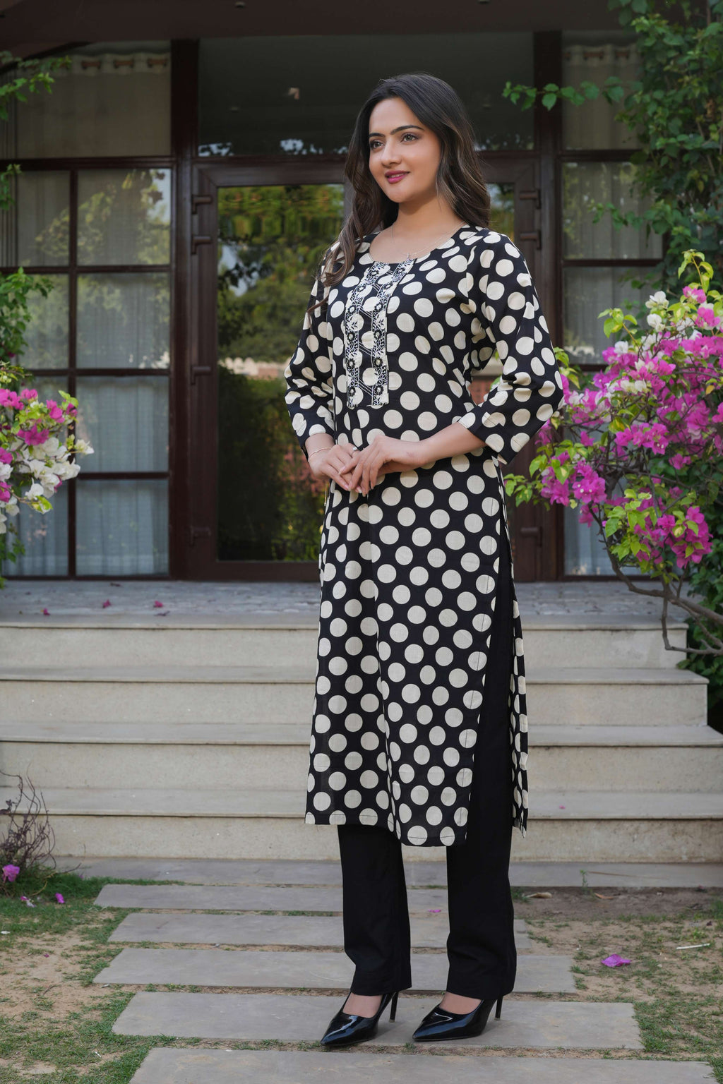2 PCS Black Polka Dot Printed Kurta Set