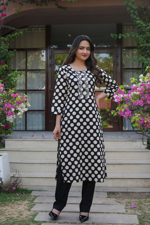 2 PCS Black Polka Dot Printed Kurta Set