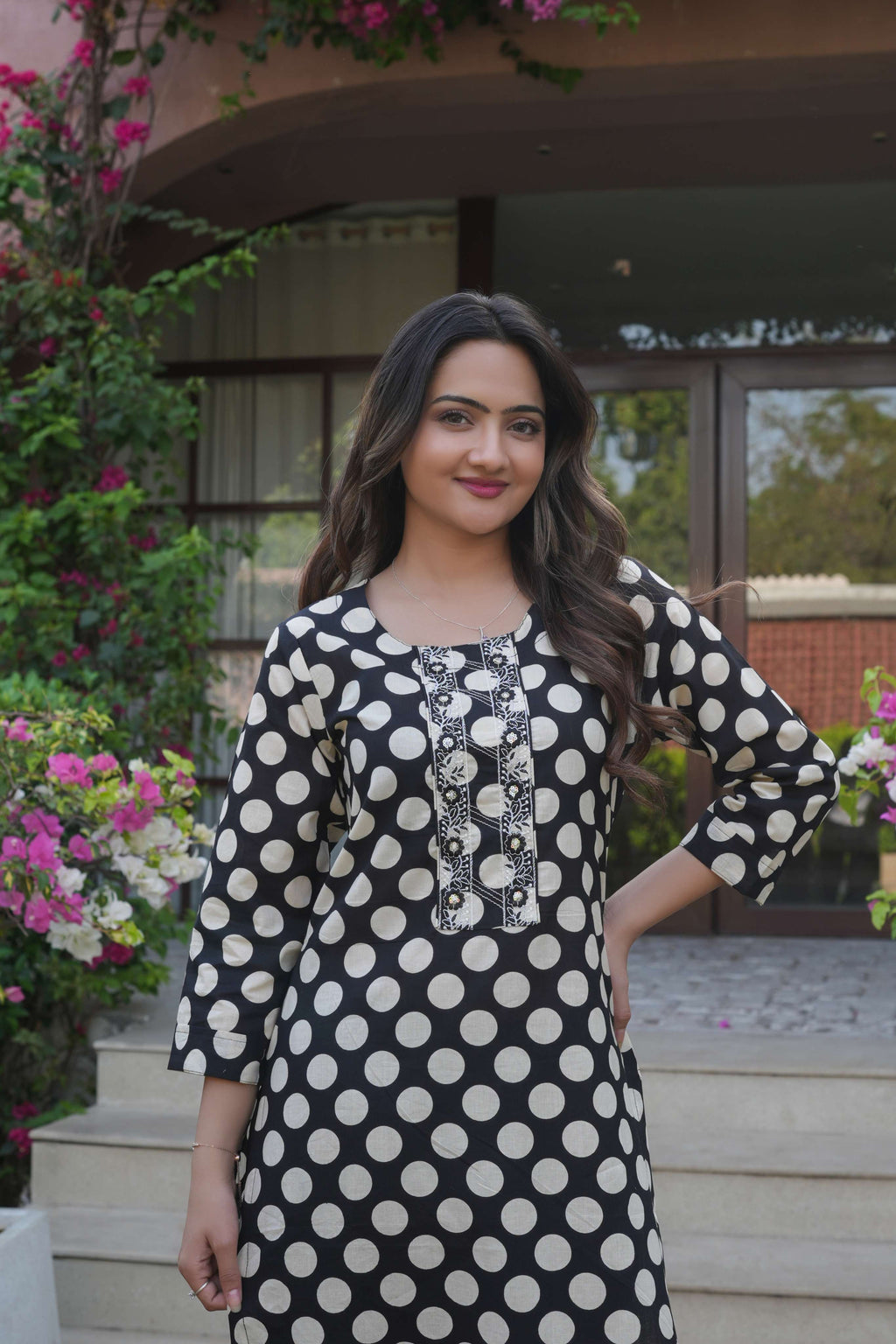 2 PCS Black Polka Dot Printed Kurta Set