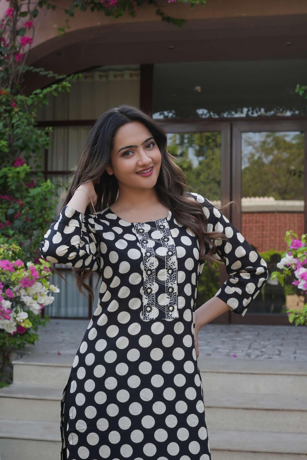2 PCS Black Polka Dot Printed Kurta Set