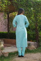 Aqua Blue 3 Pcs Printed Suit Set with Delicate Floral Motifs