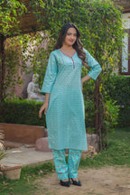 Aqua Blue 3 Pcs Printed Suit Set with Delicate Floral Motifs
