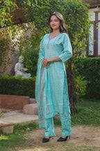 Aqua Blue 3 Pcs Printed Suit Set with Delicate Floral Motifs