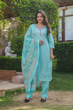 Aqua Blue 3 Pcs Printed Suit Set with Delicate Floral Motifs