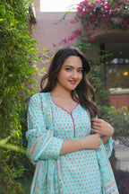 Aqua Blue 3 Pcs Printed Suit Set with Delicate Floral Motifs