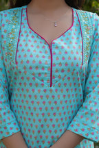 Aqua Blue 3 Pcs Printed Suit Set with Delicate Floral Motifs