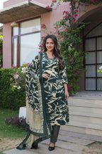 Dark Green 3 Pcs Printed Suit Set with Abstract & Ethnic Patterns