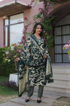 Dark Green 3 Pcs Printed Suit Set with Abstract & Ethnic Patterns