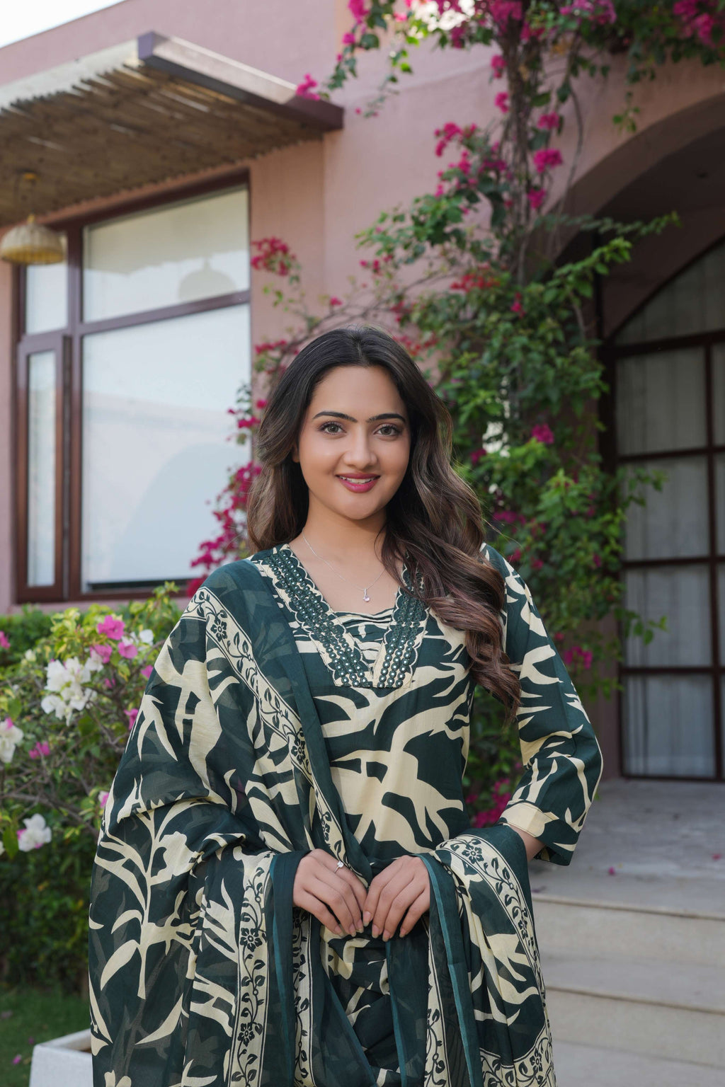 Dark Green 3 Pcs Printed Suit Set with Abstract & Ethnic Patterns