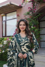 Dark Green 3 Pcs Printed Suit Set with Abstract & Ethnic Patterns