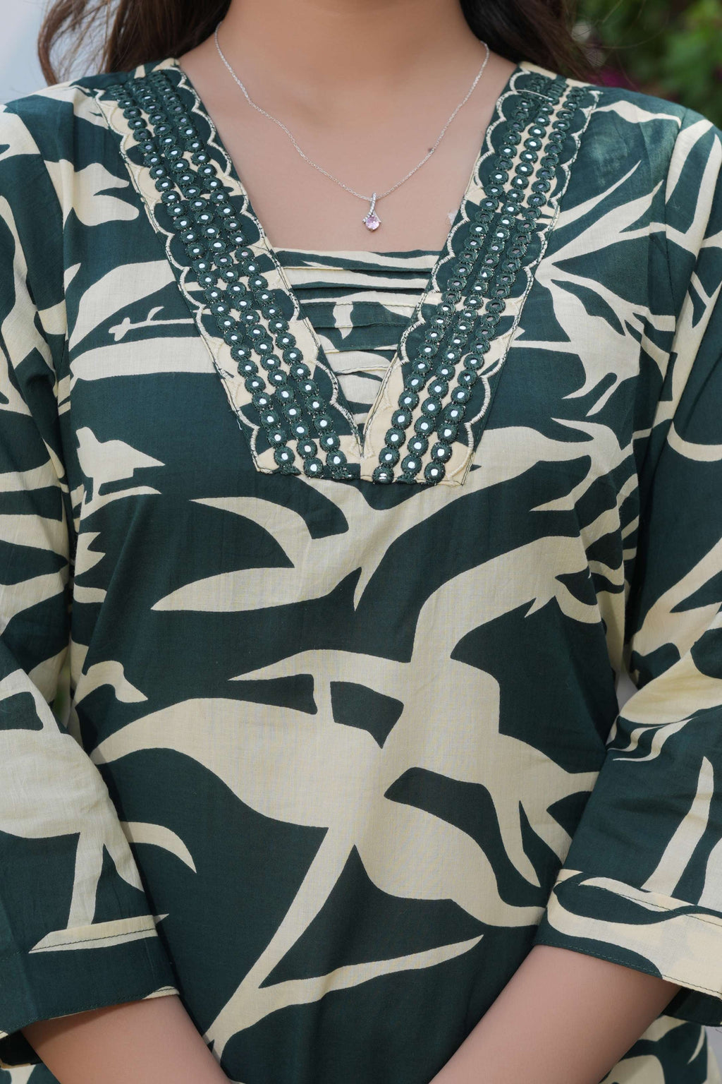Dark Green 3 Pcs Printed Suit Set with Abstract & Ethnic Patterns