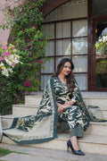 Dark Green 3 Pcs Printed Suit Set with Abstract & Ethnic Patterns