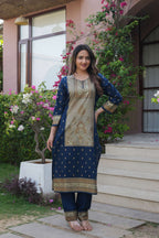 Navy Blue 3 Pcs Printed Suit Set with Paisley & Traditional Motifs