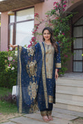 Navy Blue 3 Pcs Printed Suit Set with Paisley & Traditional Motifs