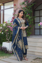 Navy Blue 3 Pcs Printed Suit Set with Paisley & Traditional Motifs
