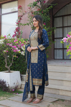 Navy Blue 3 Pcs Printed Suit Set with Paisley & Traditional Motifs