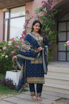 Navy Blue 3 Pcs Printed Suit Set with Paisley & Traditional Motifs