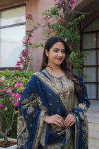Navy Blue 3 Pcs Printed Suit Set with Paisley & Traditional Motifs