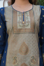 Navy Blue 3 Pcs Printed Suit Set with Paisley & Traditional Motifs