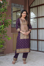 Deep Purple 3 Pcs Printed Suit Set with Traditional Paisley Motifs