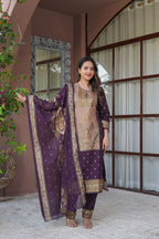 Deep Purple 3 Pcs Printed Suit Set with Traditional Paisley Motifs