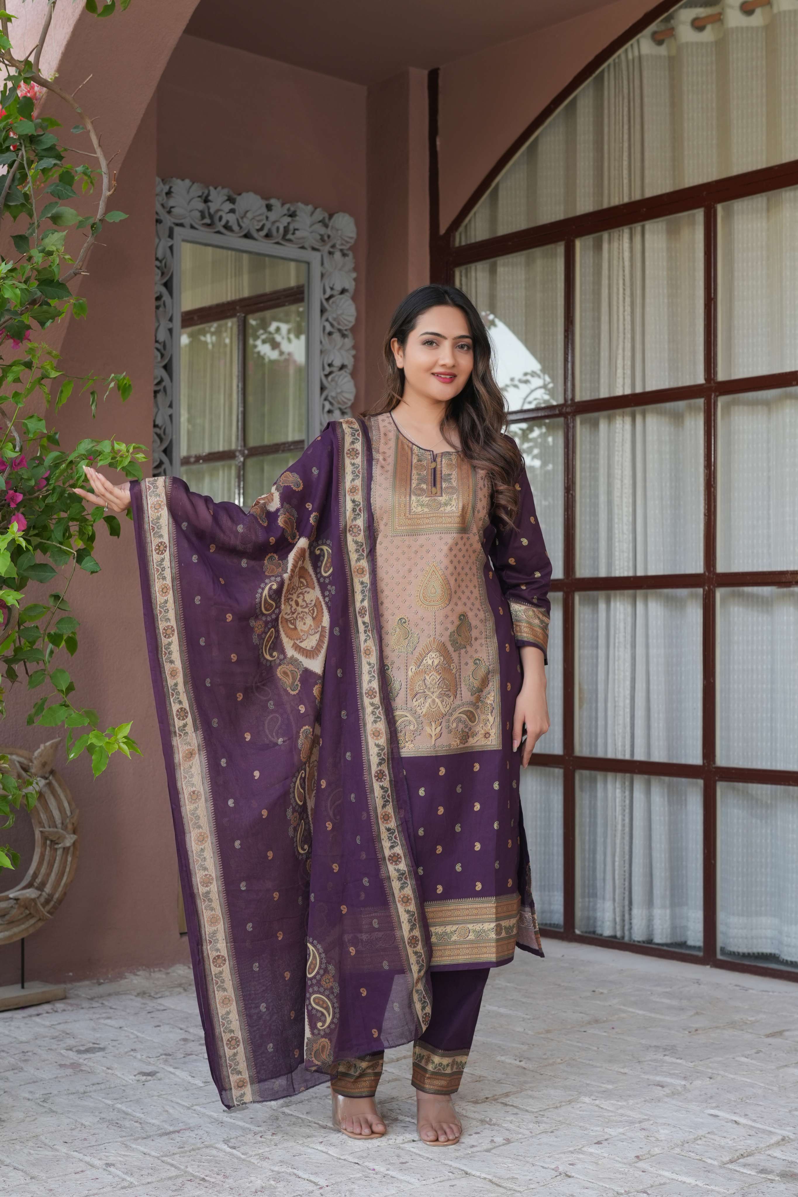 Deep Purple 3 Pcs Printed Suit Set with Traditional Paisley Motifs