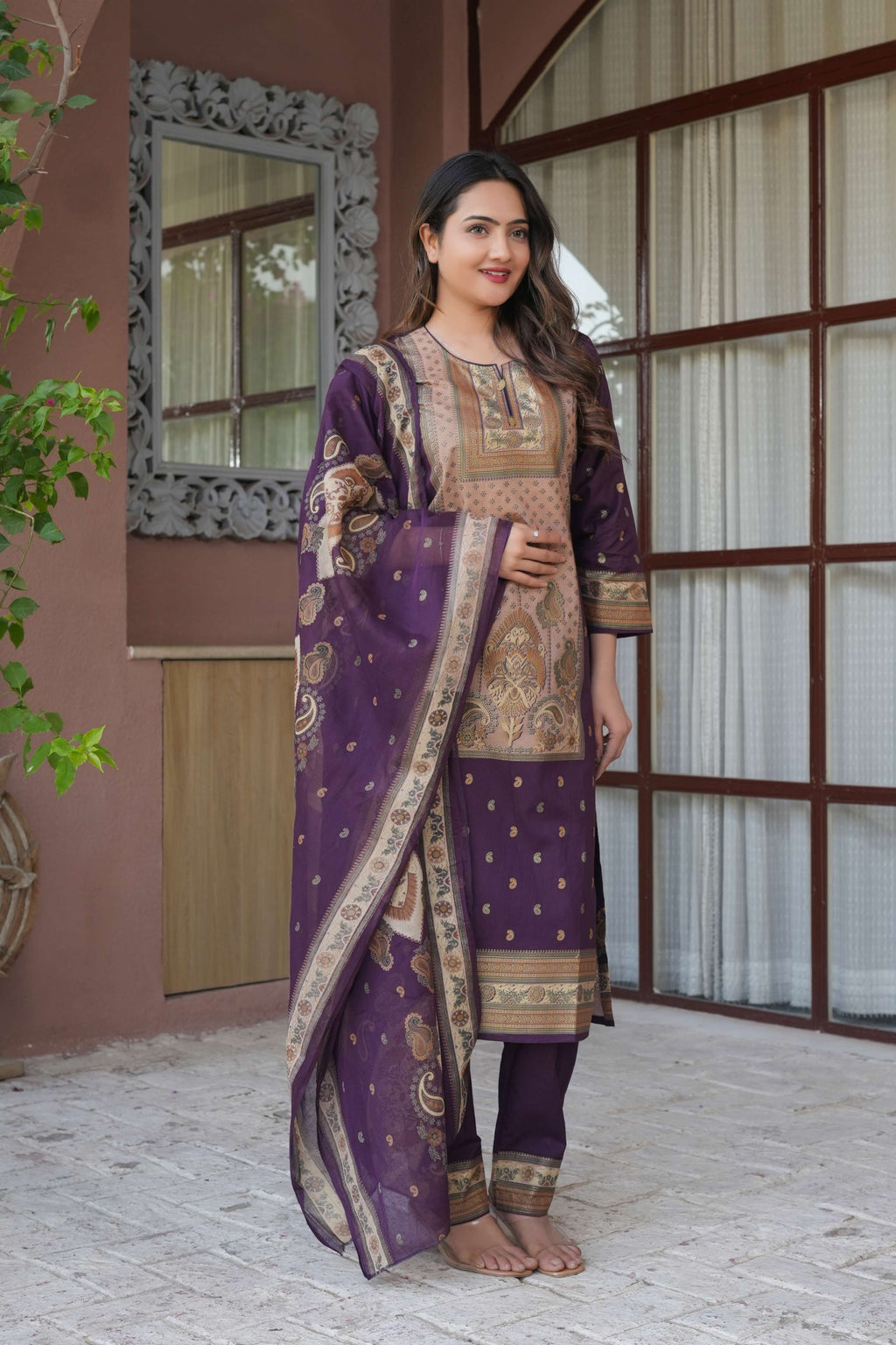 Deep Purple 3 Pcs Printed Suit Set with Traditional Paisley Motifs