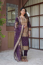 Deep Purple 3 Pcs Printed Suit Set with Traditional Paisley Motifs