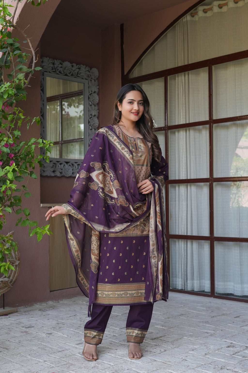 Deep Purple 3 Pcs Printed Suit Set with Traditional Paisley Motifs