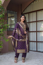 Deep Purple 3 Pcs Printed Suit Set with Traditional Paisley Motifs