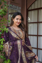 Deep Purple 3 Pcs Printed Suit Set with Traditional Paisley Motifs