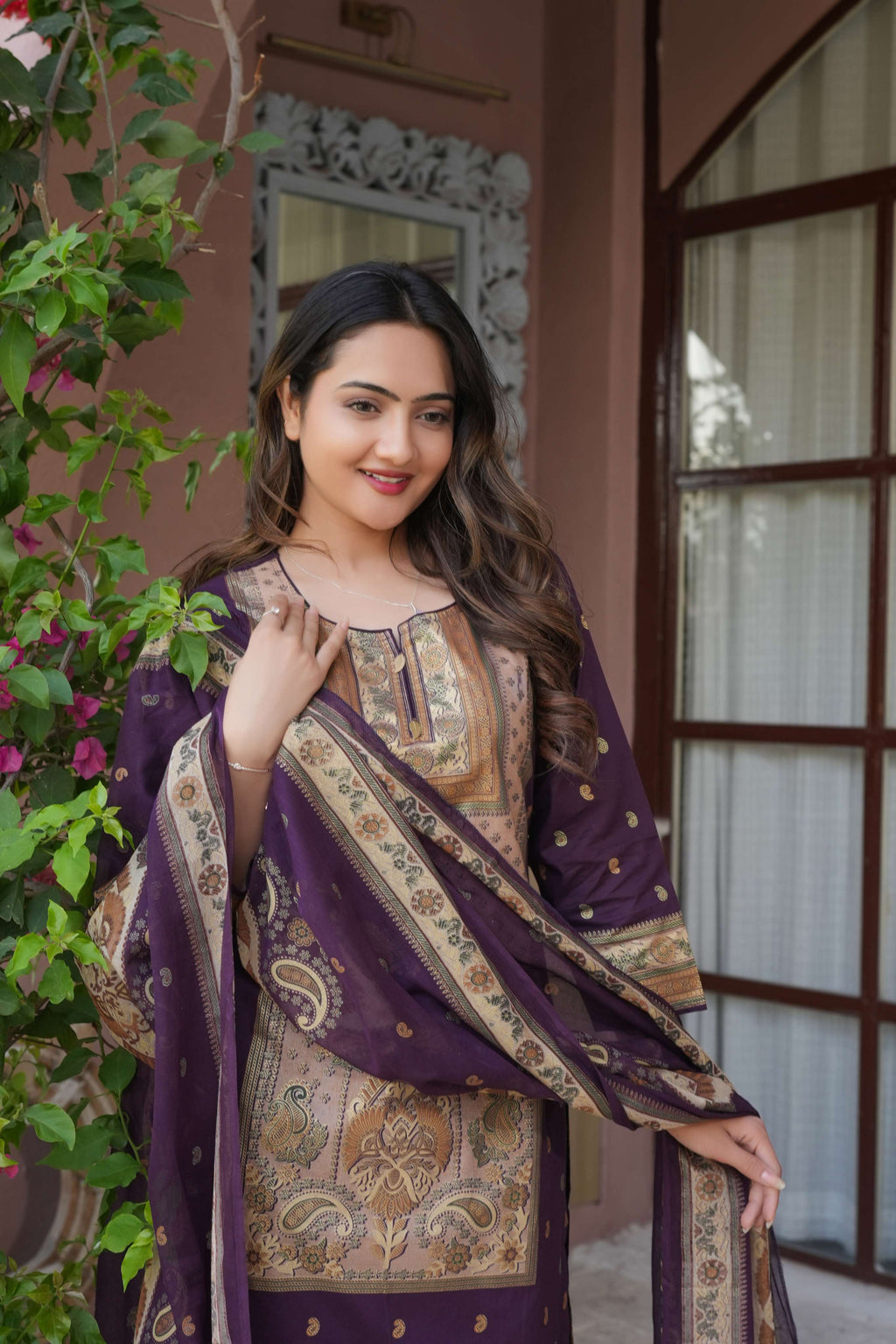 Deep Purple 3 Pcs Printed Suit Set with Traditional Paisley Motifs