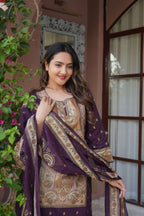 Deep Purple 3 Pcs Printed Suit Set with Traditional Paisley Motifs