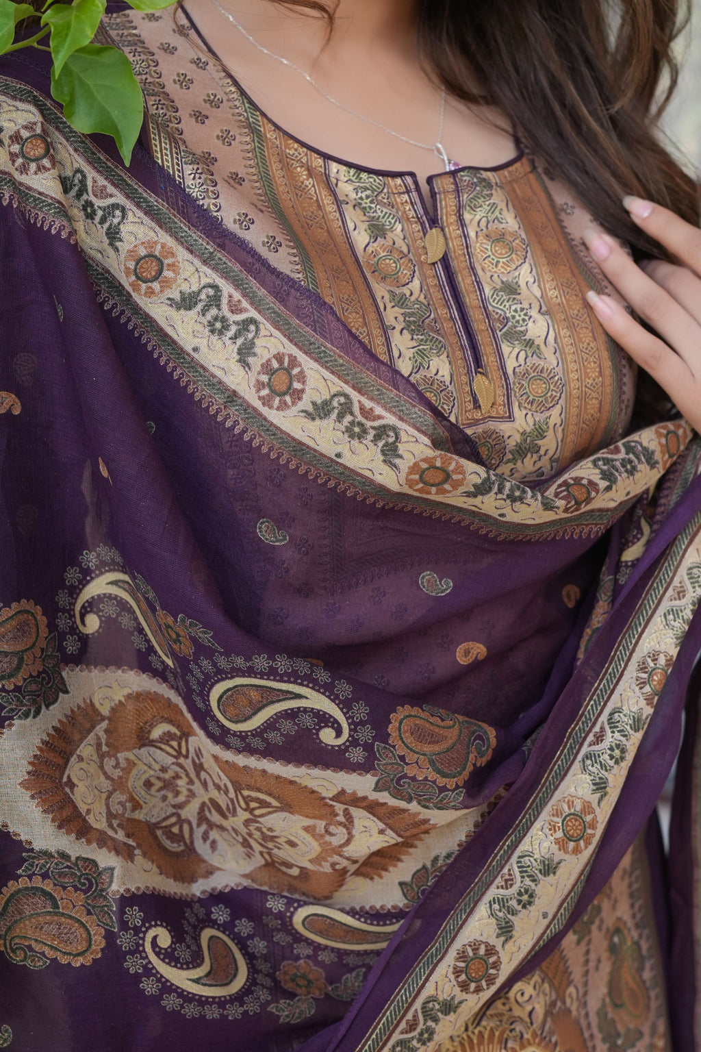 Deep Purple 3 Pcs Printed Suit Set with Traditional Paisley Motifs