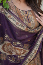 Deep Purple 3 Pcs Printed Suit Set with Traditional Paisley Motifs