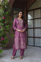 Mauve Purple 3 Pcs Printed Suit Set with Intricate Ethnic Motifs