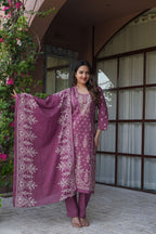 Mauve Purple 3 Pcs Printed Suit Set with Intricate Ethnic Motifs