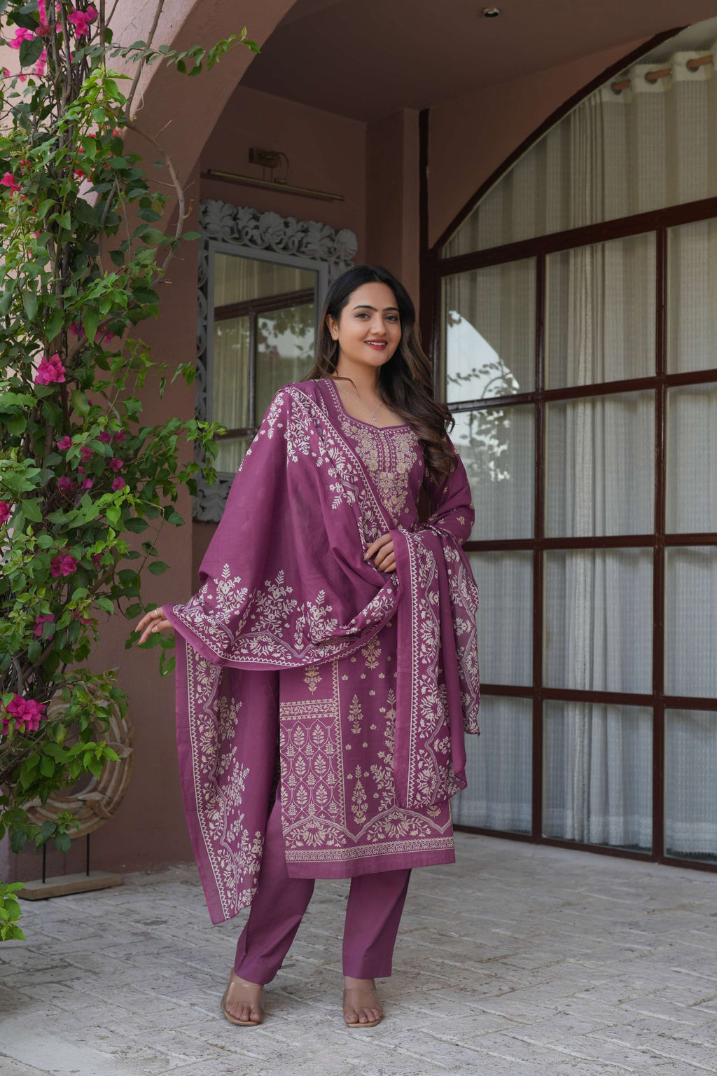 Mauve Purple 3 Pcs Printed Suit Set with Intricate Ethnic Motifs