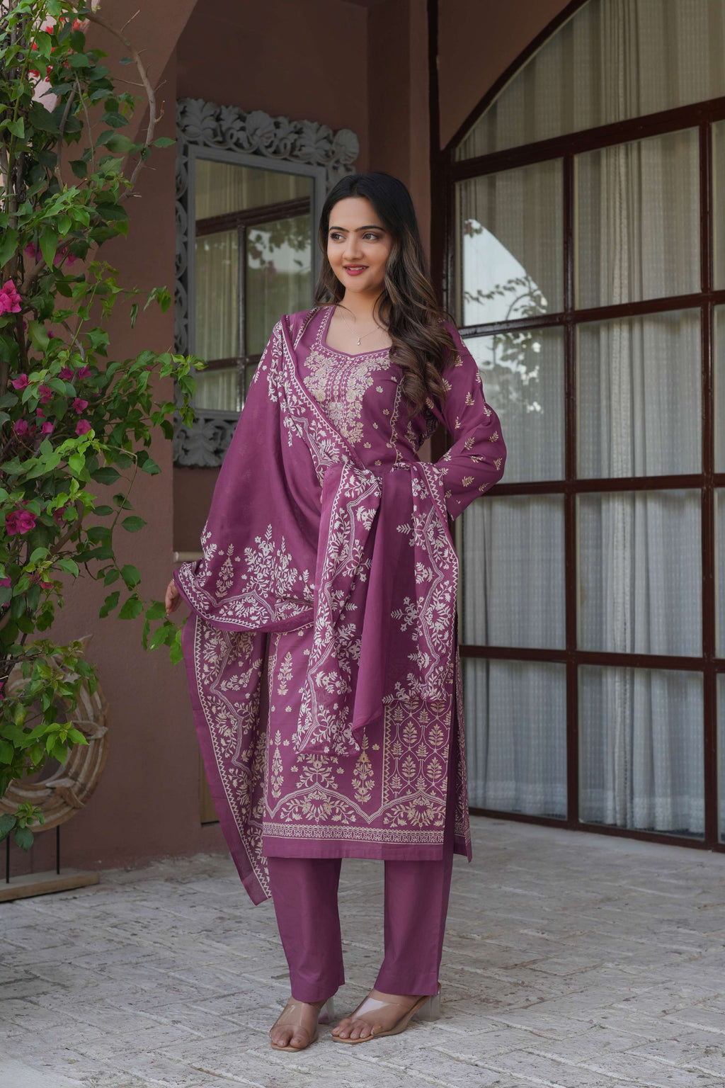 Mauve Purple 3 Pcs Printed Suit Set with Intricate Ethnic Motifs