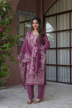 Mauve Purple 3 Pcs Printed Suit Set with Intricate Ethnic Motifs