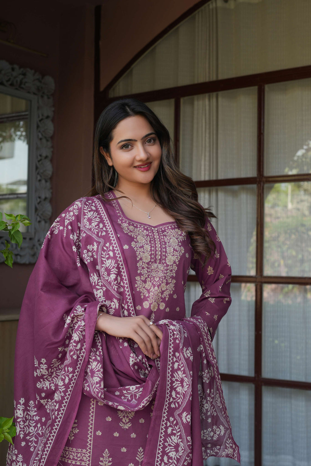 Mauve Purple 3 Pcs Printed Suit Set with Intricate Ethnic Motifs