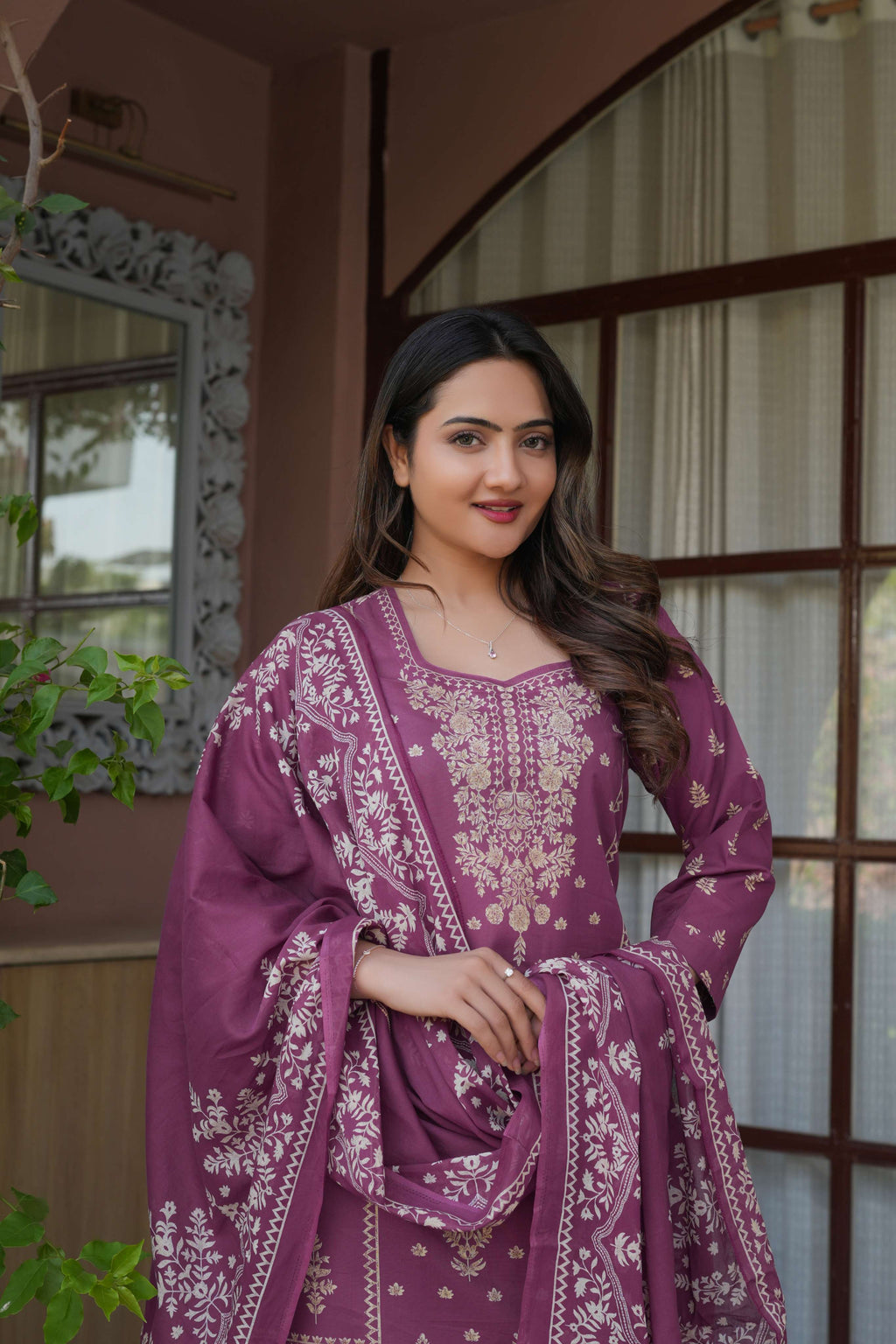 Mauve Purple 3 Pcs Printed Suit Set with Intricate Ethnic Motifs