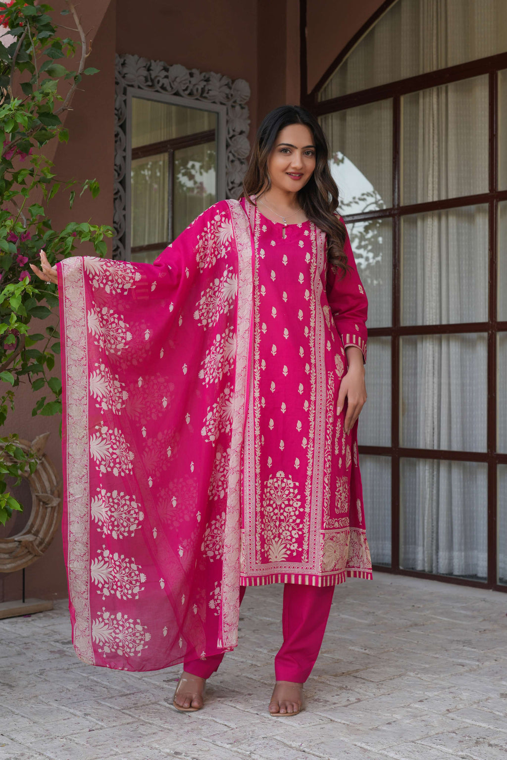 Rani Pink 3 Pcs Printed Suit Set with Traditional Motifs – Royal & Elegant Ethnic Look