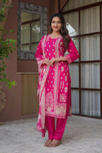 Rani Pink 3 Pcs Printed Suit Set with Traditional Motifs – Royal & Elegant Ethnic Look