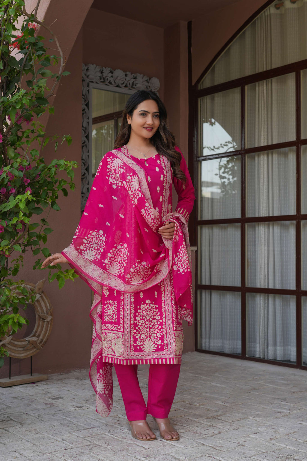 Rani Pink 3 Pcs Printed Suit Set with Traditional Motifs – Royal & Elegant Ethnic Look