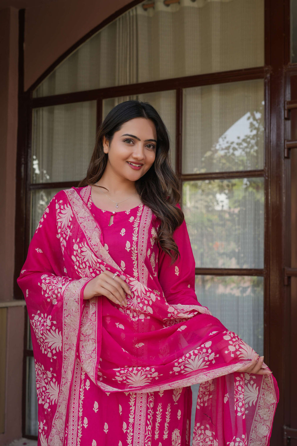 Rani Pink 3 Pcs Printed Suit Set with Traditional Motifs – Royal & Elegant Ethnic Look