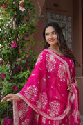 Rani Pink 3 Pcs Printed Suit Set with Traditional Motifs