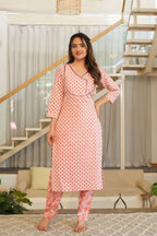 Peach White 3 Pcs Printed Suit Set with Delicate Floral Motifs