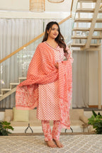 Peach White 3 Pcs Printed Suit Set with Delicate Floral Motifs